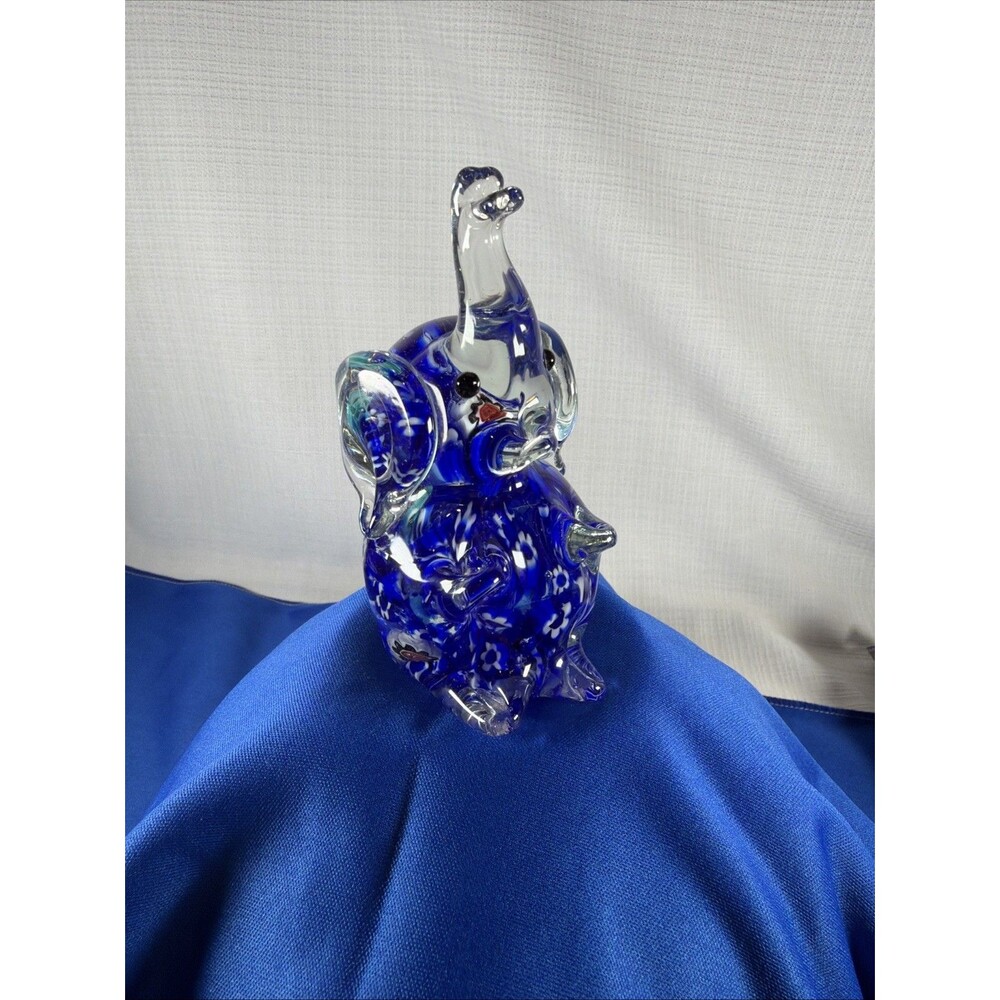Vintage Murano Style Art Glass Elephant Figurine Trunk Up Blue Millefiori 4.75"